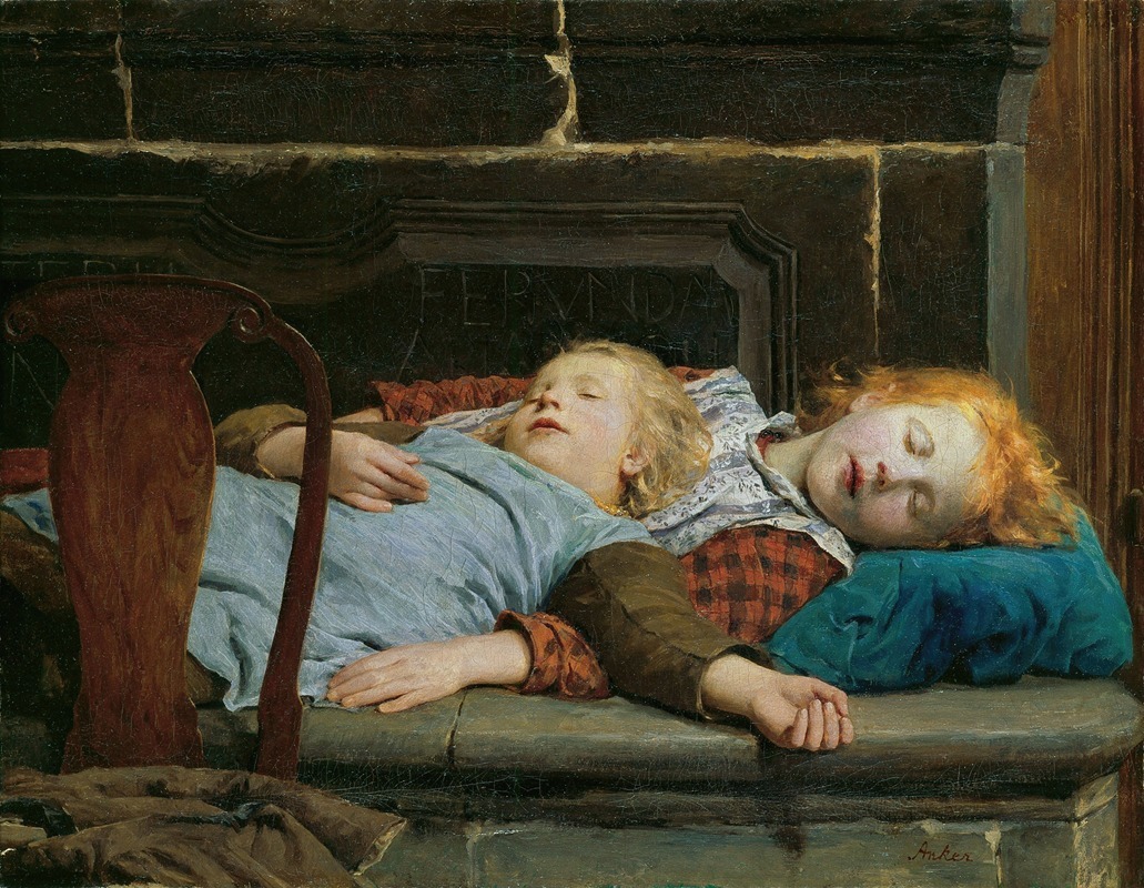 Albert Anker - Two sleeping girls on the stove bench