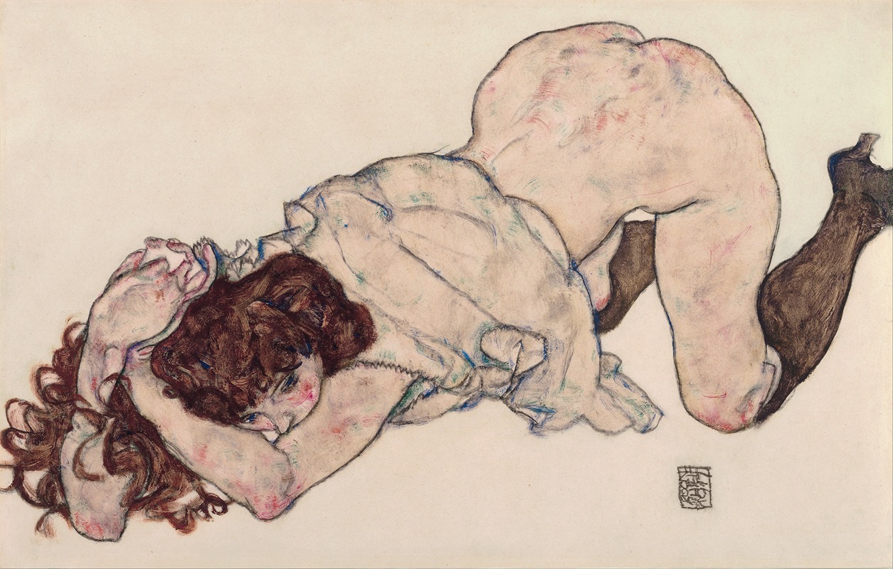 Egon Schiele - Kneeling Girl, Resting on Both Elbows