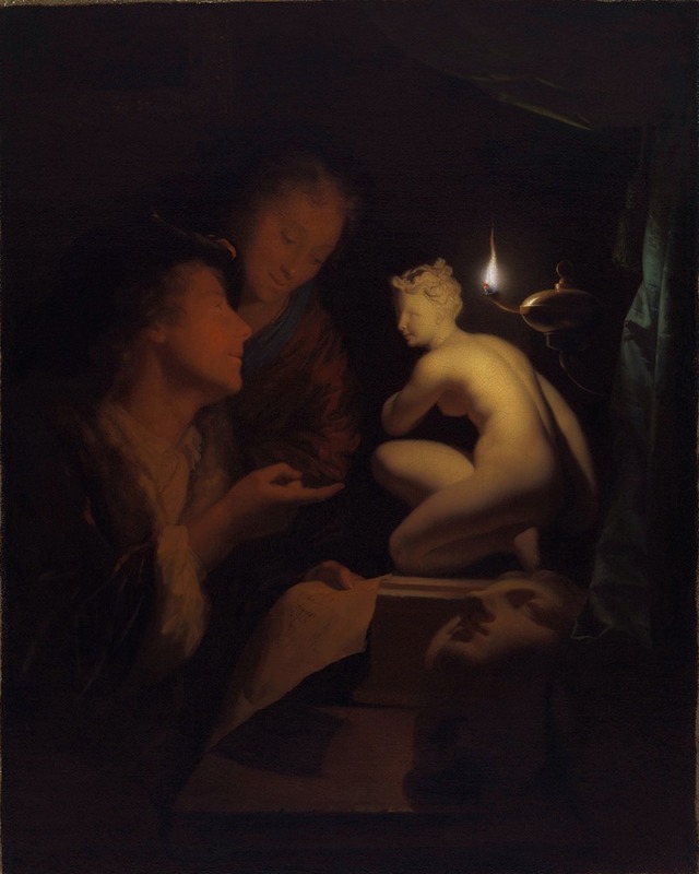 Godfried Schalcken - Young Man and Woman Studying a Statue of Venus, by Lamplight