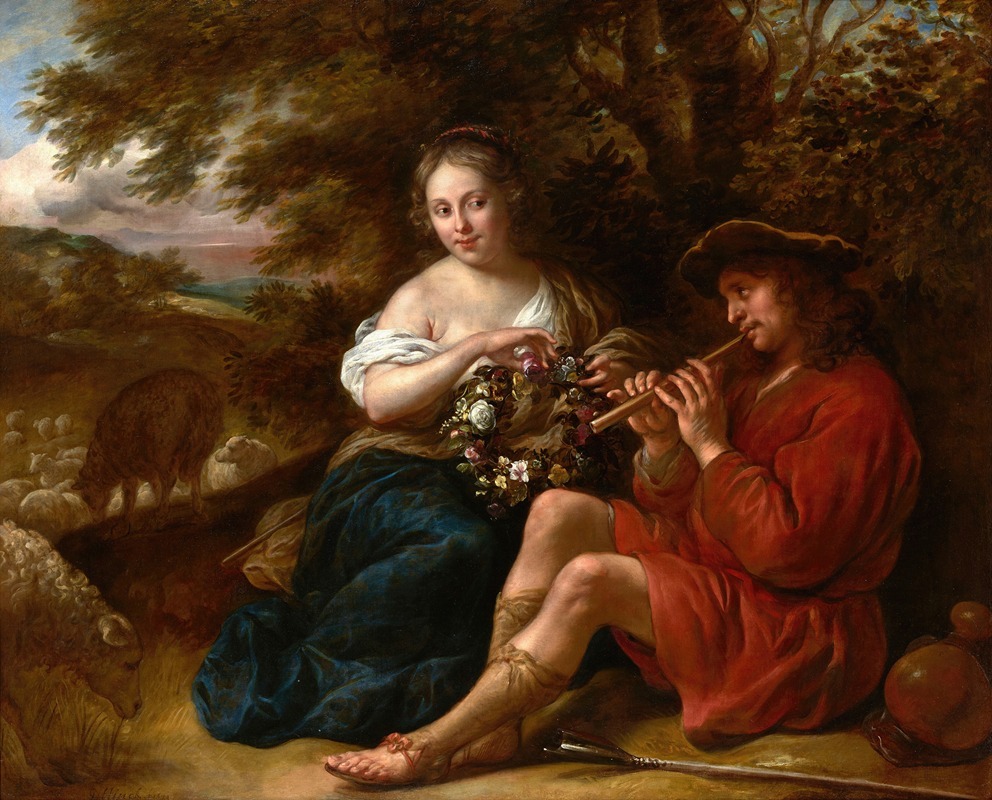 Govert Flinck - Elegant Shepherdess Listening to a Shepherd Playing the Recorder in an Arcadian Landscape