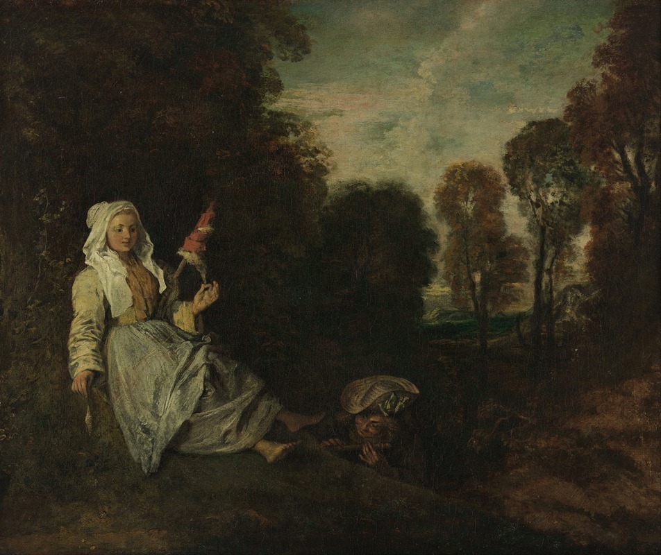 Jean-Antoine Watteau - Evening Landscape with Spinner