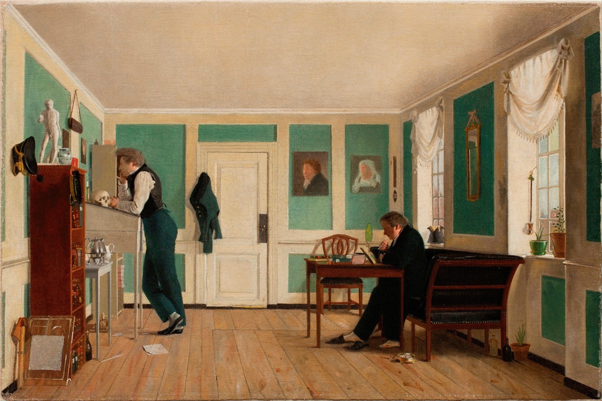 Wilhelm Bendz - Interior from Amaliegade. Captain Carl Ludvig Bendz standing and Dr. Jacob Christian Bendz seated