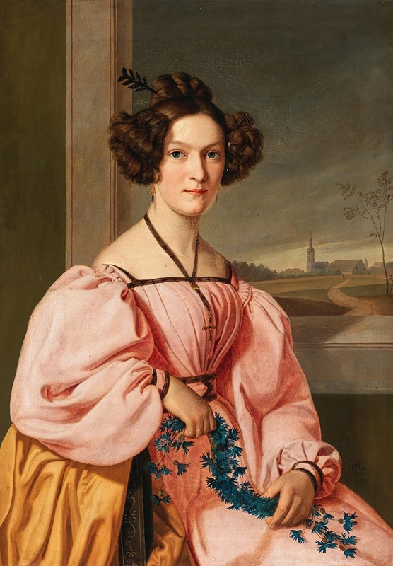 Gustav Adolf Henning - Portrait of a Lady with a Cornflower Wreath in the background belltower of Leipzig