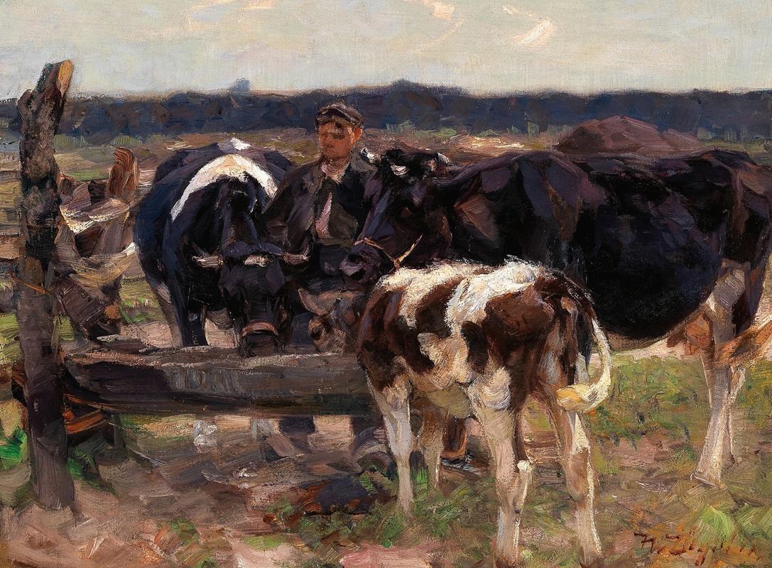 Heinrich Von Zügel - A Shepherd with Cows near a Watering Place