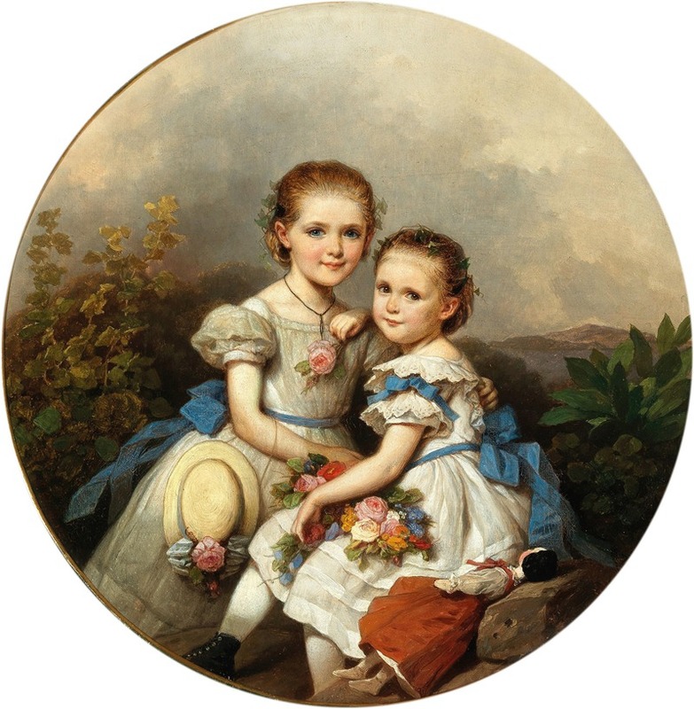 Johann Grund - Siblings with strawhat and doll