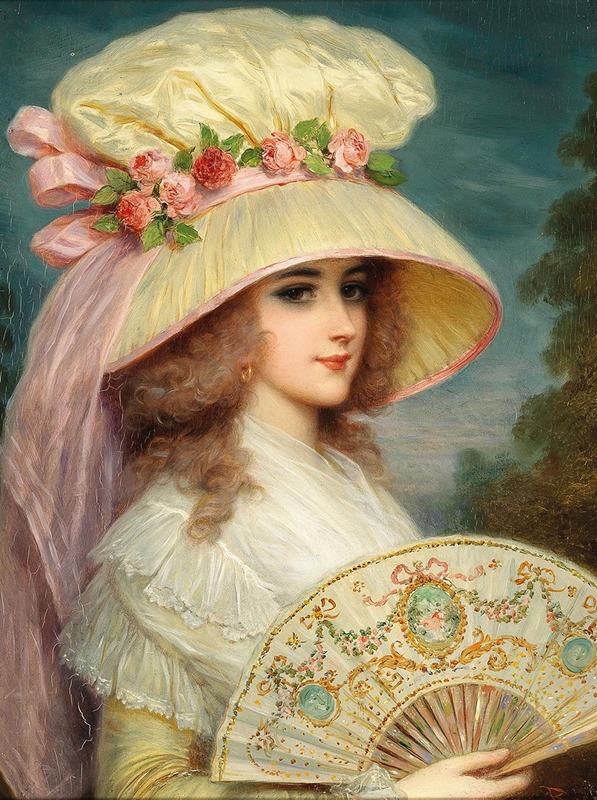 Lucius Rossi - A Lady with Rose Hat and Fan