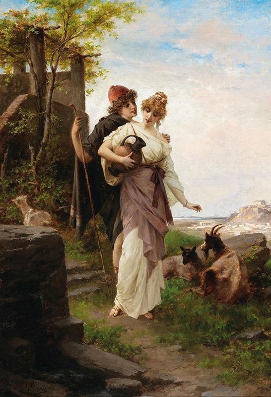 Luigi Crosio - A Bucolic Scene by the Fountain