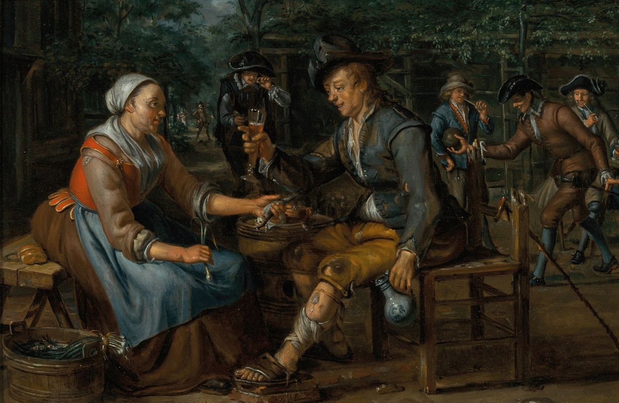 Matthijs Naiveu - A woman offering an onion and a herring to a young man holding a glass of beer, others smoking and playing skittles behind them