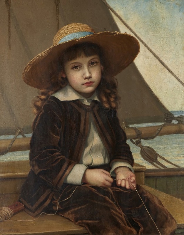 Phoebe A. Jenks - Child in Straw Hat and Velvet Suit Fishing