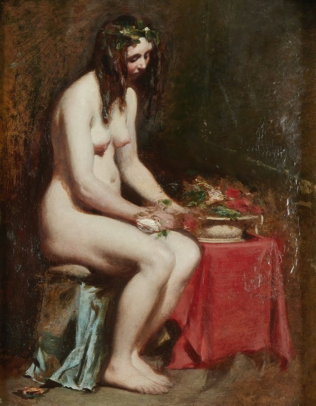 William Etty - Seated Female Nude with Flowers in her Hair and a Still-Life by her Side