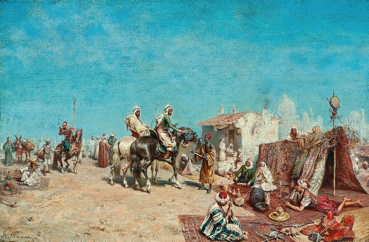 Alberto Pasini - Arab merchants at a market by the city walls