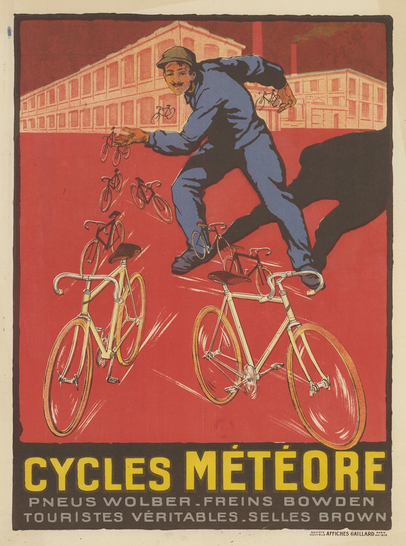 Affiches Gaillard - Cycles Météore. Pneus Wolber-freins Bowden. Touristes véritables-selles Brown