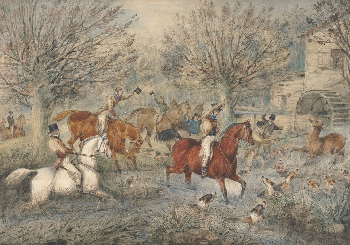 Samuel Alken - Stag Hunting: The Hind at Bay; In a Mill-Stream Below a Water-Mill, Right…