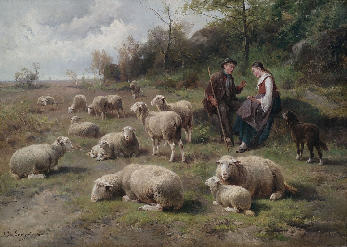Cornelius van Leemputten - Schäferpaar mit Herde in Weidelandschaft