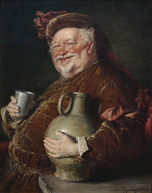 Eduard von Grützner - Falstaff at the table with a wine jug and pewter cup
