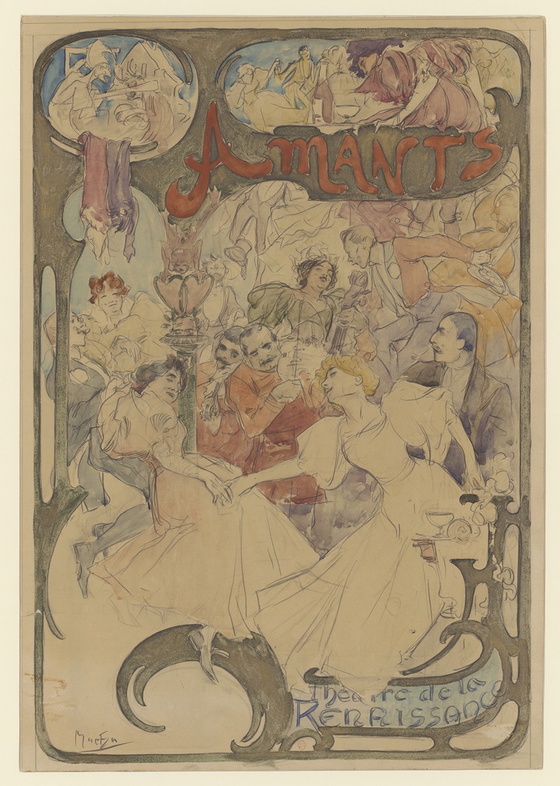 Alphonse Mucha - Amants maquette d’affiche hommes et femme entourant des musiciens