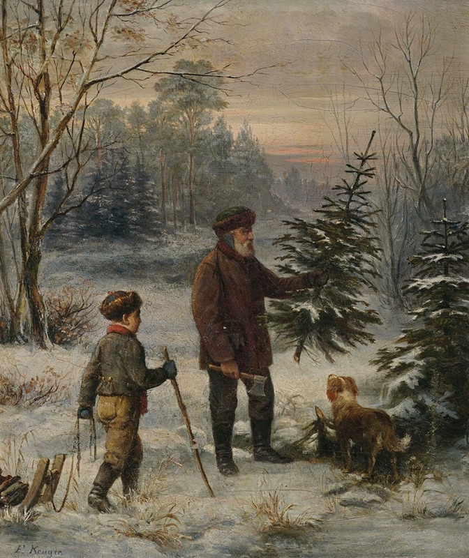 Franz Krüger - Vorweihnacht. Vater und Sohn schlagen im Winterwald einen Christbaum