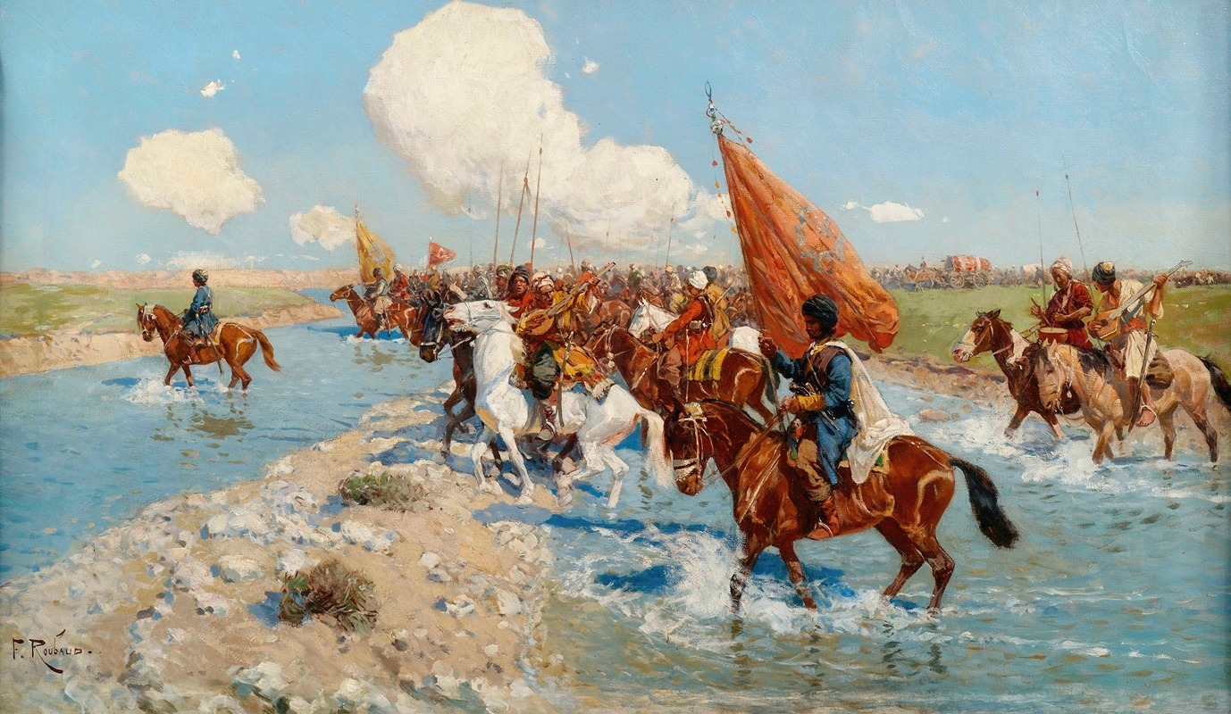 Franz Roubaud - Circassian horsemen crossing a river