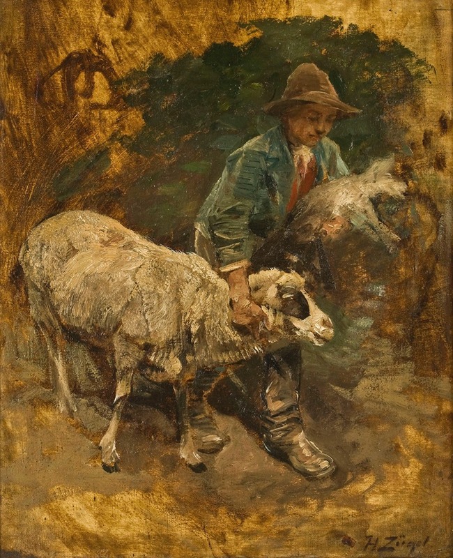 Heinrich Von Zügel - A shepherd boy with a lambkin and a sheep