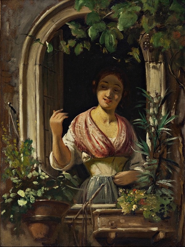 Wilhelm Marstrand - Italian woman waving from a window, end of the 1850s