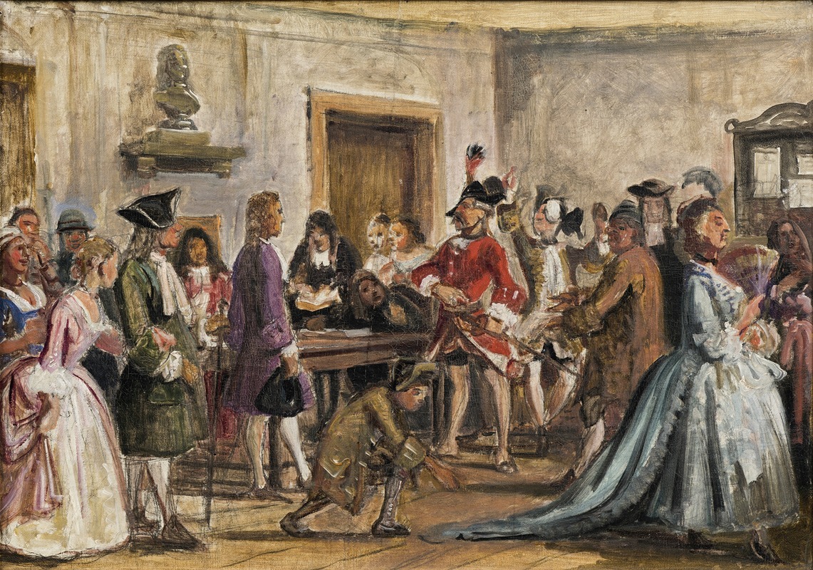 Wilhelm Marstrand - Philemon and his prosecutors. Scene from Det lykkelige skibbrud by Holberg, Act 5, Scene 9 (sketch for painting with the same subject, 1859)