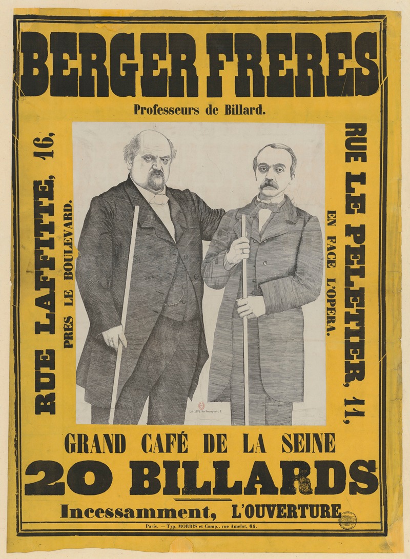 Anonymous - Berger frères, professeurs de billard, rue Le Pelletier en face l’Opéra. Grand café de la Seine, 20 billards