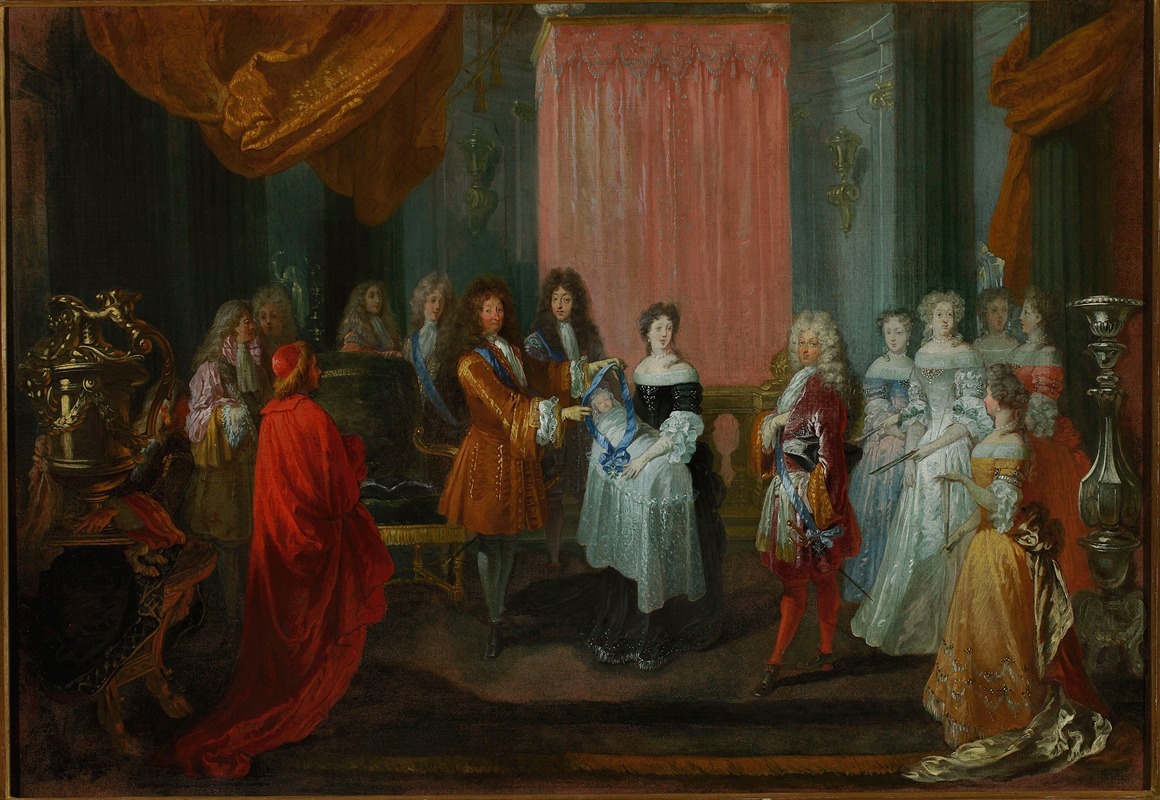 Jean-Antoine Watteau - Louis XIV awards the Cordon Bleu Order to the Duke of Burgundy, father of Louis XV.