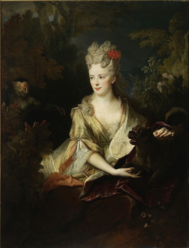 Nicolas de Largillière - Portrait of a lady with a dog and a monkey