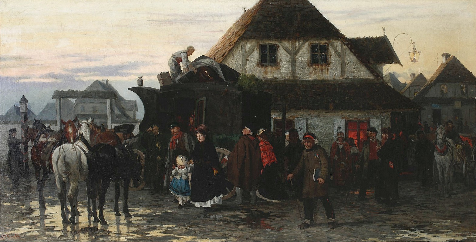Alfred Von Wierusz-Kowalski - Arrival of a post chaise in a country town