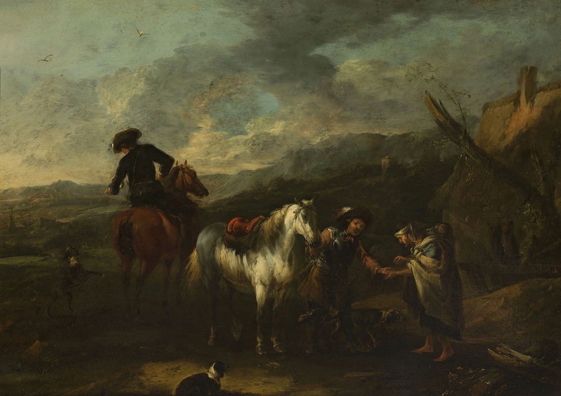 August Querfurt - Horsemen and a beggar woman against landscape