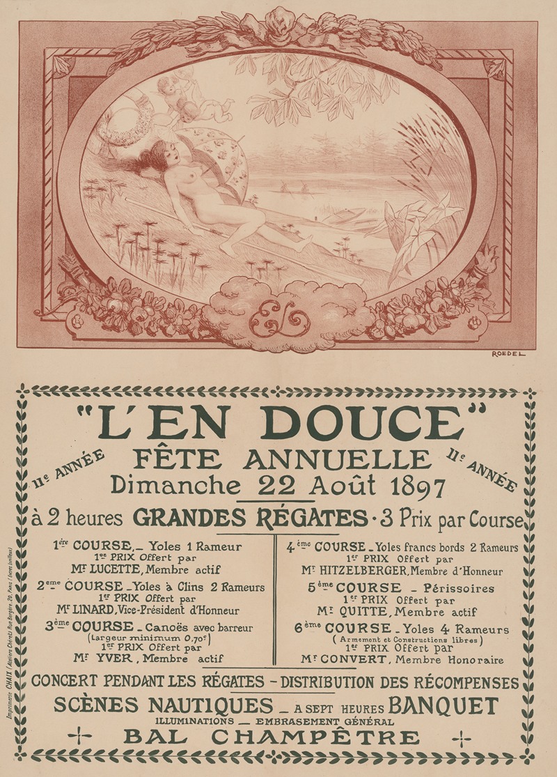 Auguste Roedel - L’ En Douce, fête annuelle, 11e année – Dimanche 22 août 1897. Grandes régates. concert pendant les régates