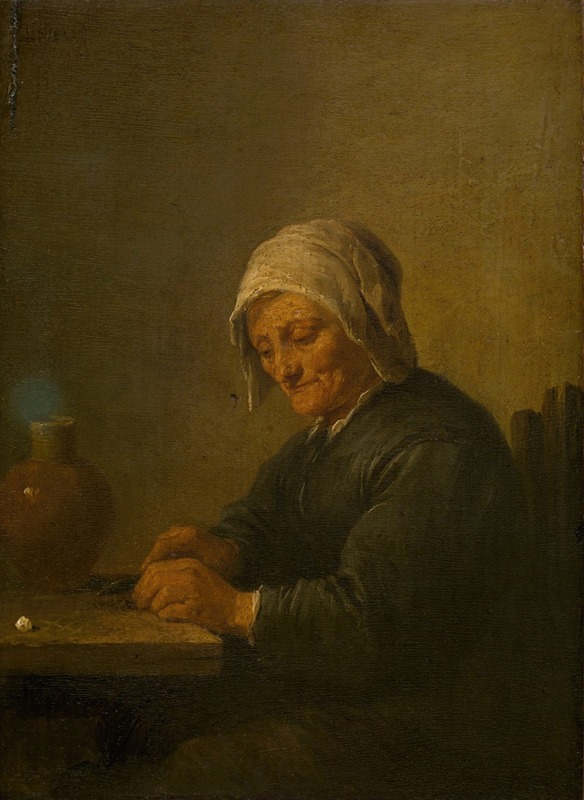 David Teniers The Younger - An Old Woman Cutting Tobacco