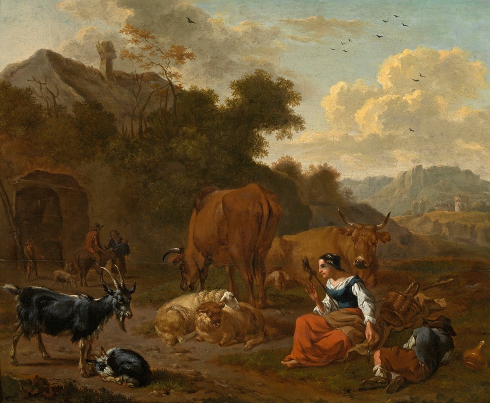 Dirck van Bergen - Landscape with a Spinner and Cattle