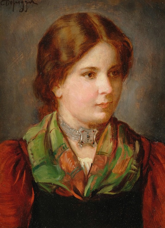 Franz von Defregger - A Young Girl in Traditional Costume with Shawl and Choker