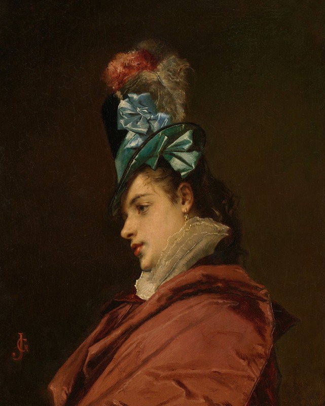 Jules-Adolphe Goupil - WOMAN WEARING A HAT WITH A BLUE RIBBON