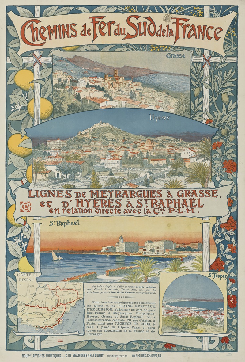 Eugène Grasset - Chemins de fer du Sud de la France. Lignes de Meyrargues à Grasse