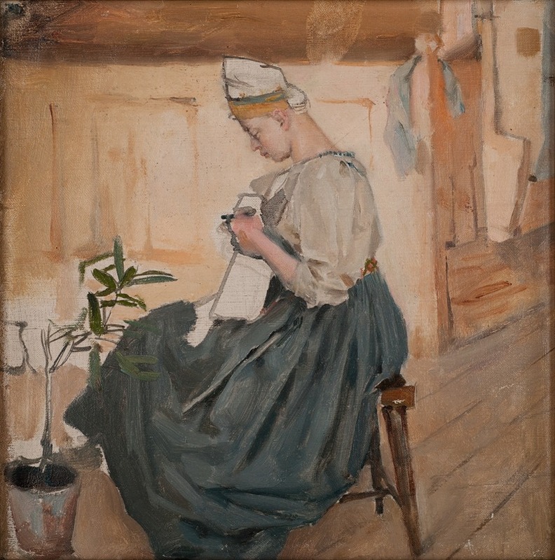 Akseli Gallen-Kallela - Mary Gallen sewing in a Carelian home