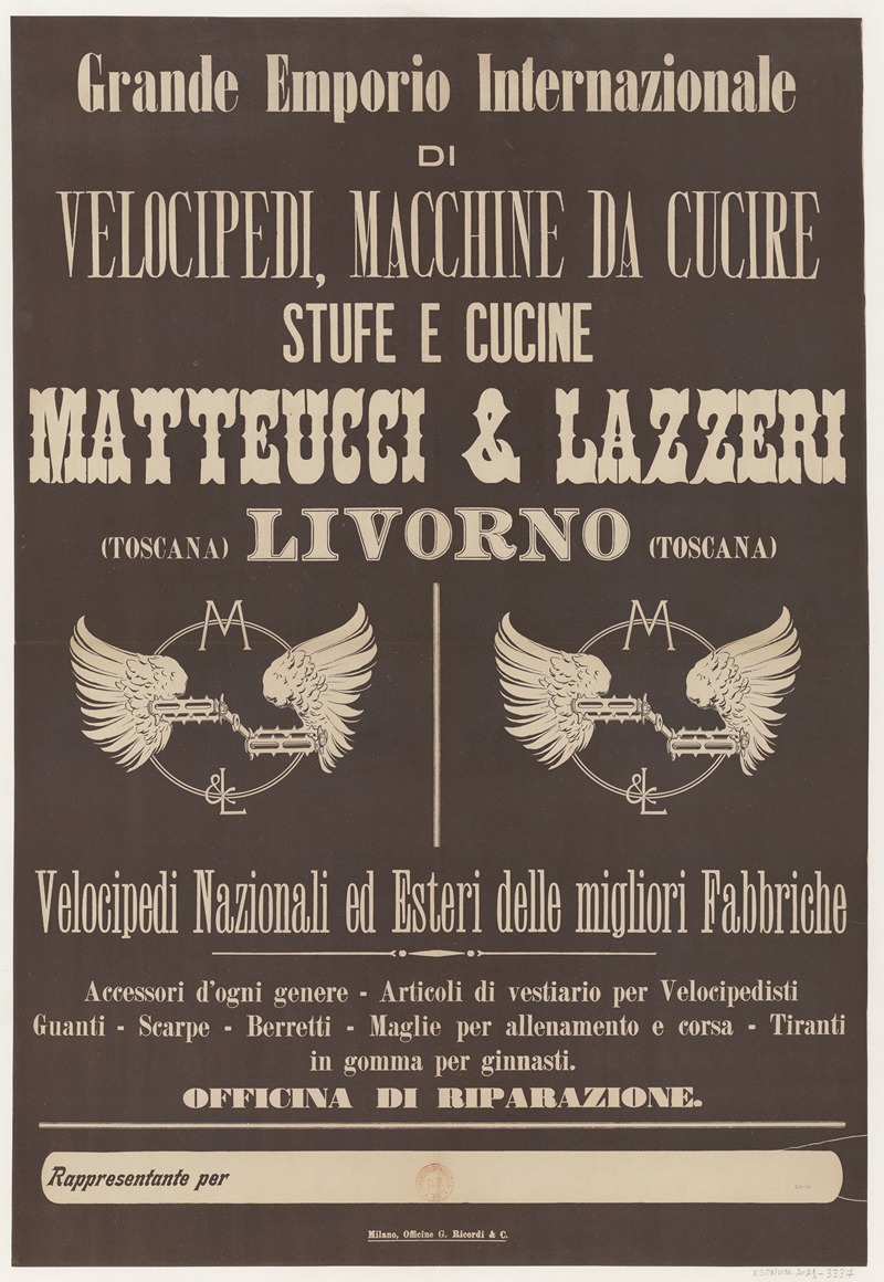 G. Ricordi & C. - Grande Emporio Internazionale di velocipedi, macchine da cucire