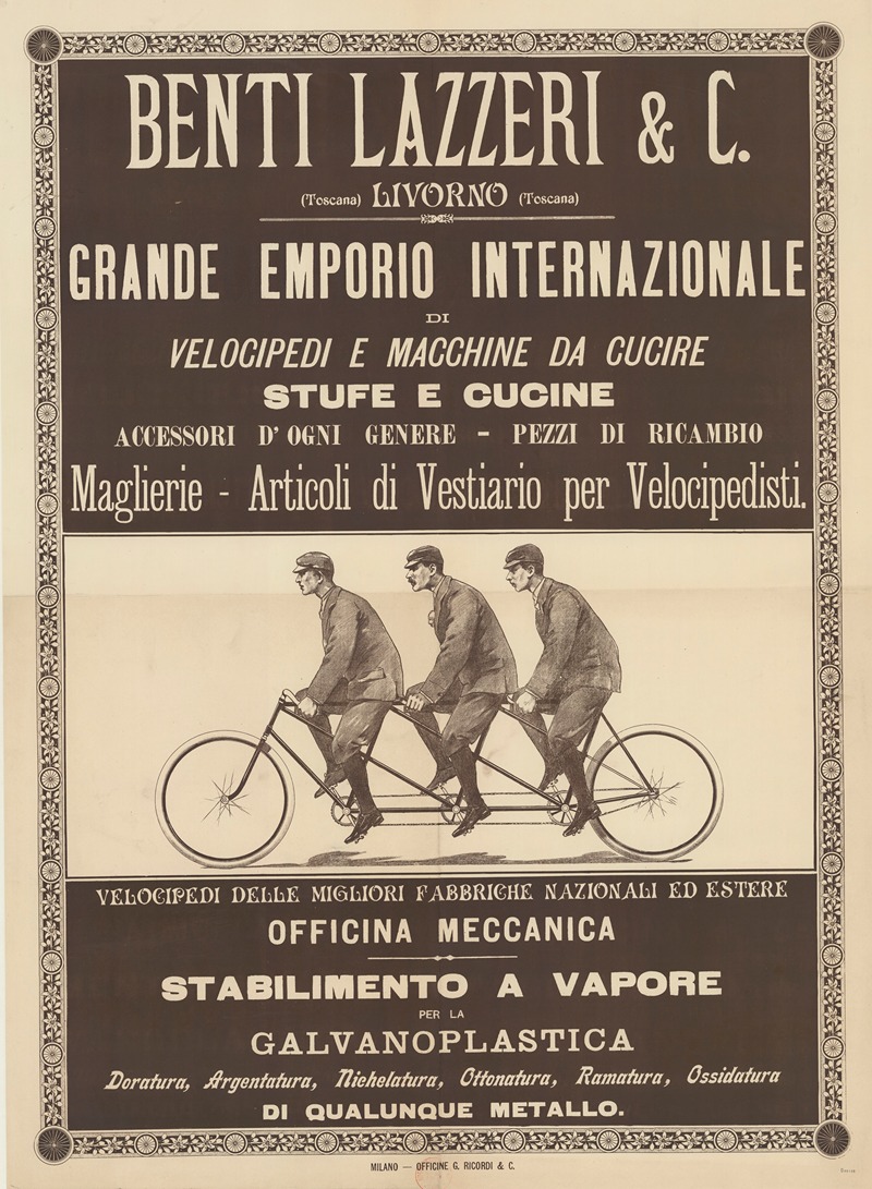 G. Ricordi & C. - Benti Lazzeri & C… Livorno… Grande emporio internazionale di velocipedi e macchine da cucire