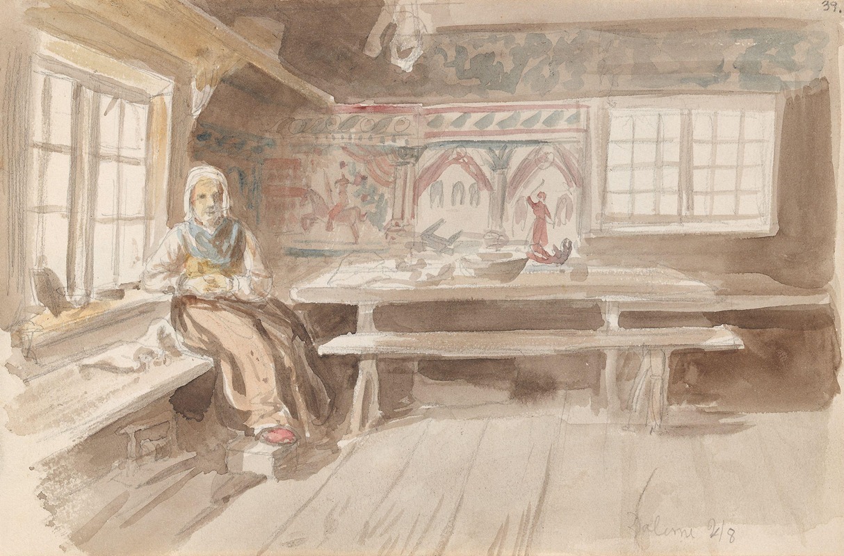 Adolph Tidemand - Interiør med sittende kvinne, Dalarna
