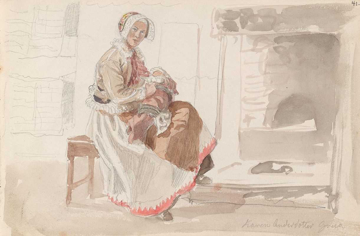 Adolph Tidemand - Kvinne med barn i interiør