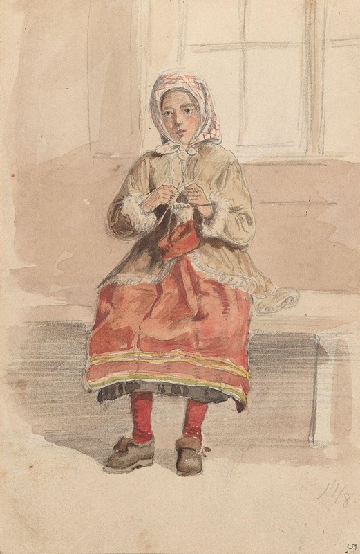 Adolph Tidemand - Ung kvinne som strikker