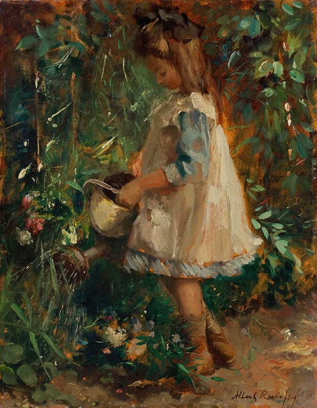 Albert Roelofs - The artist’s daughter Albertine in the garden, watering the flowers