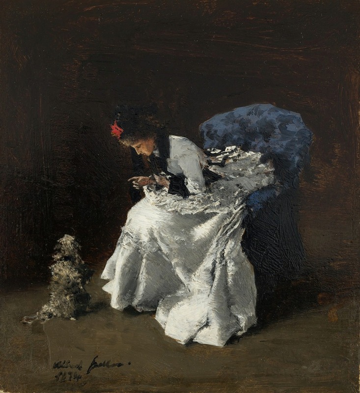 Albert von Keller - Dame in feiner Garderobe mit Hund