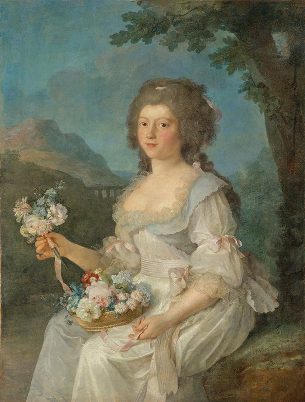 Anne Vallayer-Coster - Portrait de femme en buste tenant une corbeille de fleurs