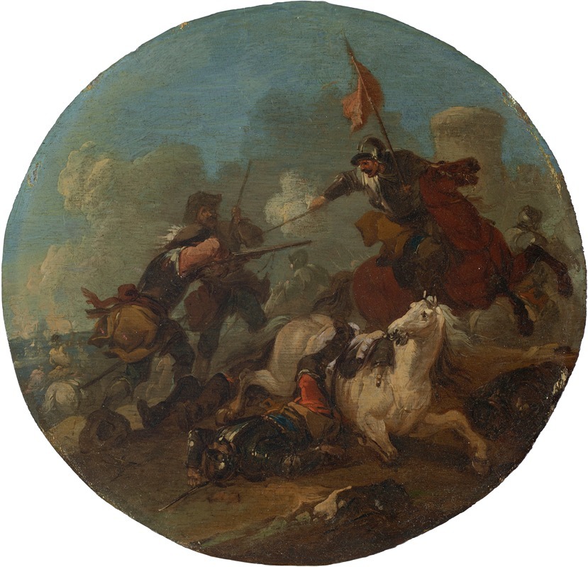 August Querfurt - A battle scene with a fallen horse