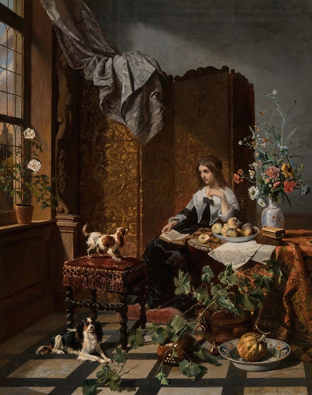 David Émile Joseph de Noter - A woman with lapdogs in a lavish interior