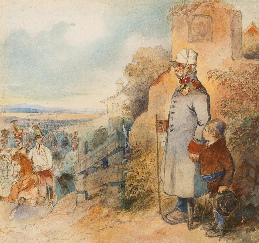 Friedrich Johann Treml - A grandfather and his grandson observing Archduke Karl of Austria Teschen in the uniform of a general after the the victorious battle of Aspern