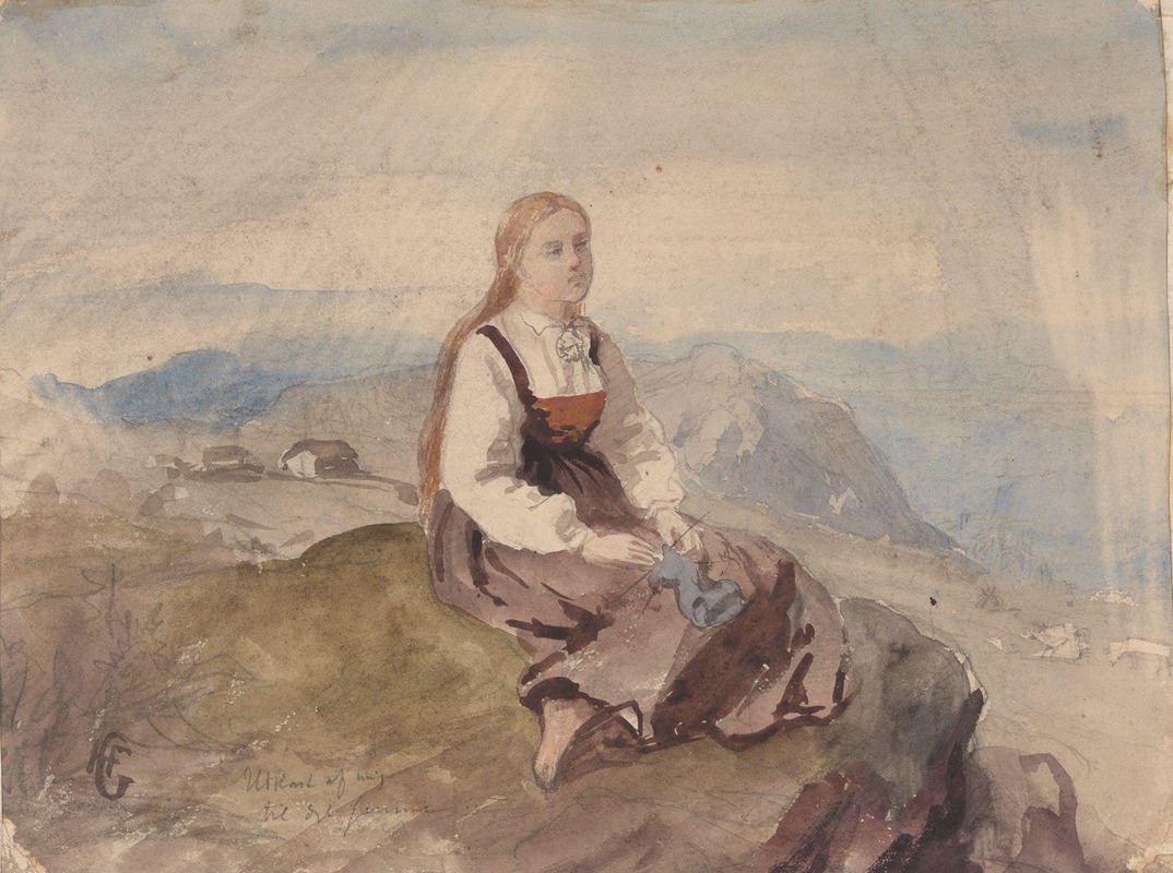 Hans Gude - Girl in mountain landscape