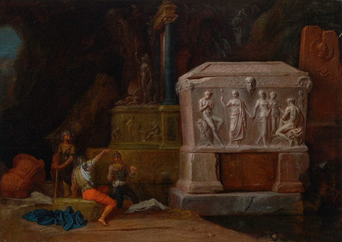 Henry Ferguson - Soldiers resting near an antique sarcophagus with Apollo and Marsyas